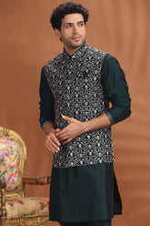 Bottle Green Silk Embroidered Kurta Pajama with Jacket